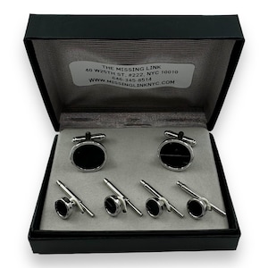 Chrome and Onyx 4 Tuxedo Shirt Stud Set with Matching Cufflinks in Original Presentation Gift Box