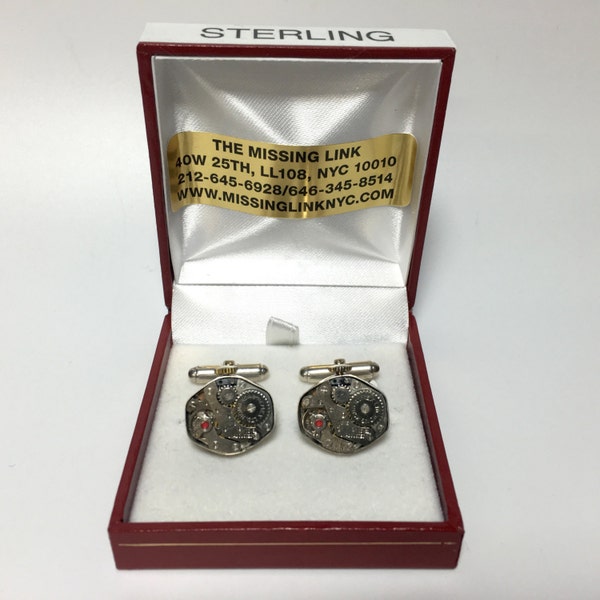 Custom Made Vintage Watch Parts Set in Sterling Silver Bezels Cufflinks. Gift Box Included