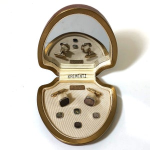 Krementz Art Deco Gold and Abalone with Platinum Inlay Rims Tuxedo Stud Set with Matching Cufflinks in Original Box 1930s