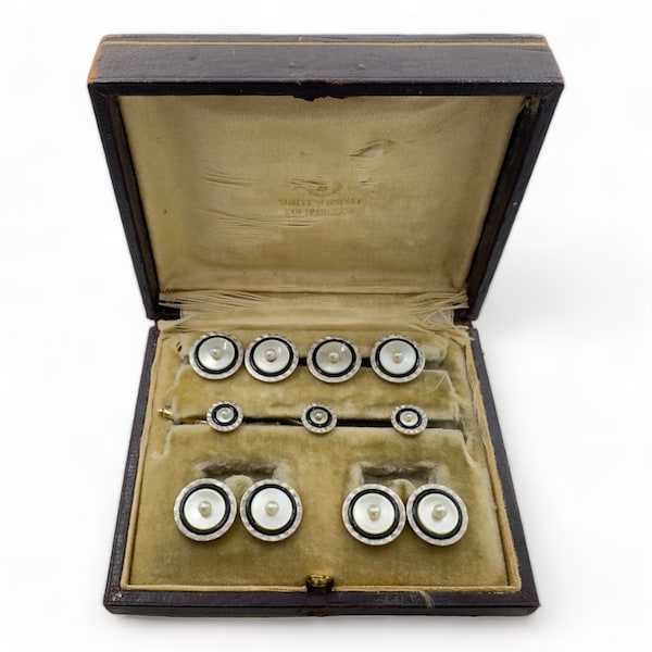 Carter Gough & Co 1930's 14k Gold, Platinum with Onyx, Mother of Pearl 4 Tuxedo Stud Set, 4 Vest Studs, Double-sided Cufflinks in Box