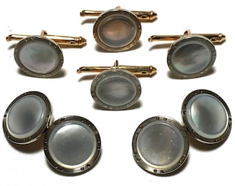 Larter Art Deco 10k Gold and Mother Of Pearl with Platinum Inlay Rims Stud Set with Matching Cufflinks in Gift Box
