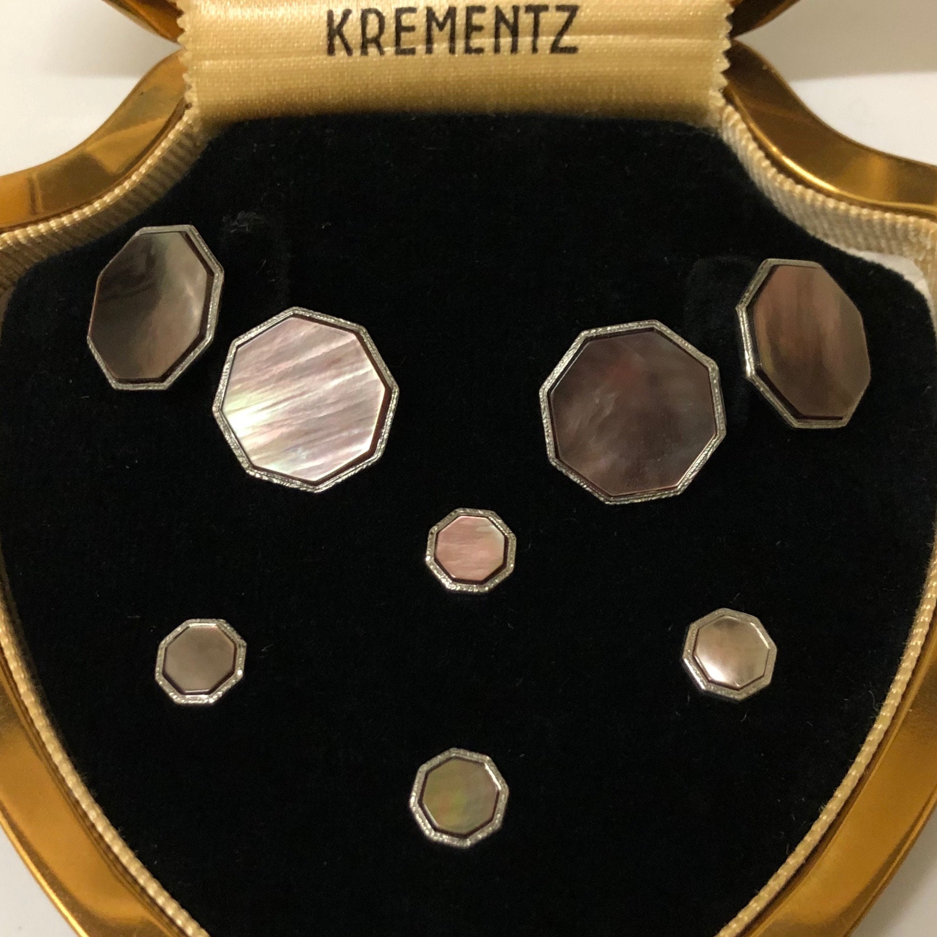 Krementz Art Deco Gold and Abalone With Platinum Inlay Rims