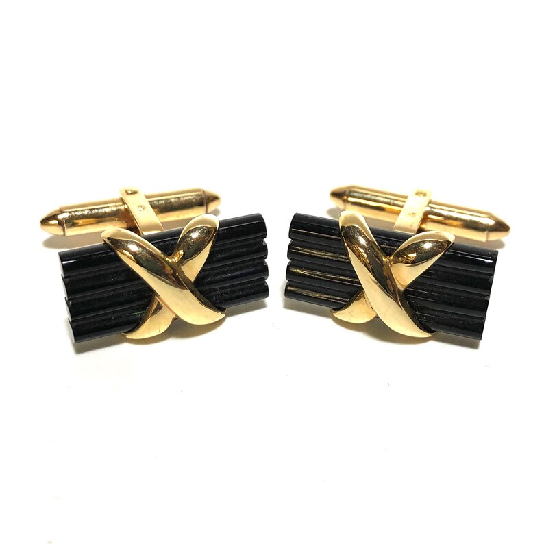 Vintage Onyx 14k Gold Mid Century Cufflinks with Gift Box, Men# Vintage Onyx 14k Gold Mid Century Cufflinks with Gift Box, Men#