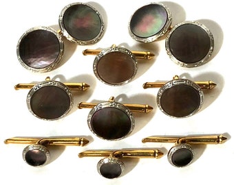 Larter Art Deco 14k Gold and Abalone with Platinum Rims Tuxedo Stud Set with Matching Cufflinks & Vest Studs in Gift Box