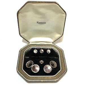 Art Deco Krementz goud en abalone met platina ingelegde velgen Tuxedo Stud Set met bijpassende manchetknopen in originele doos