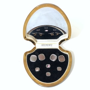 Krementz Art Deco Gold and Abalone with Platinum Inlay Rims Tuxedo Stud Set with Matching Cufflinks in Original Box 1930s