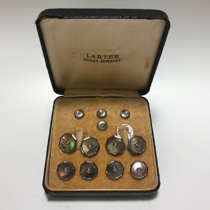 Larter Abalone Gold Filled Pearl Center Tuxedo Stud Set with Matching Cufflinks & Vest Studs in Original Box 1930's image 1