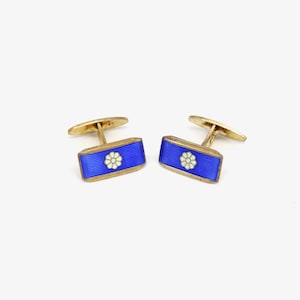 Retro 1940s Norwegian Gold Sterling Silver Blue White Enamel Cufflinks Scandinavian Art Deco Wedding Men Gifts Fathers European Jewelry