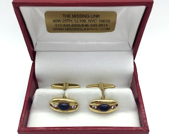 14K Gold Cufflinks with Sapphire & Diamond with Box Weight: approx. 9.33 dwt (14.5 g)