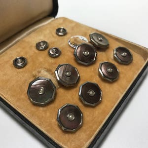 Larter Abalone Gold Filled Pearl Center Tuxedo Stud Set with Matching Cufflinks & Vest Studs in Original Box 1930's image 2
