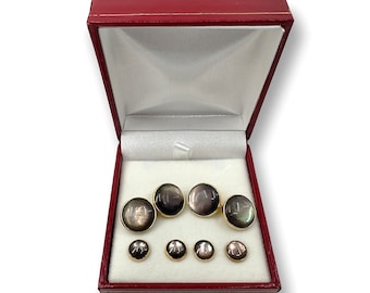 Krementz Art Deco 1930's Smoke Mother of Pearl & Gold Plate 4 Tuxedo Shirt Studs with Matching Double Sided Cufflinks in Gift Box