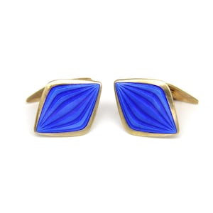 Retro 1940s Norwegian Gold Sterling Silver Blue Enamel Cufflinks Scandinavian Art Deco Wedding Men Gifts Fathers European Fashion Jewelry