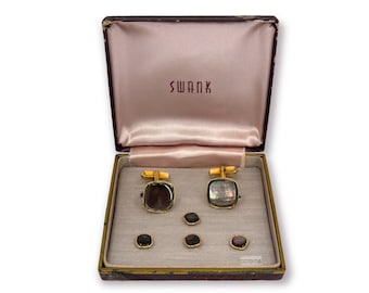 Vintage Swank Gold Plate Abalone Tuxedo Set, 1940s Cufflinks Shirt Studs