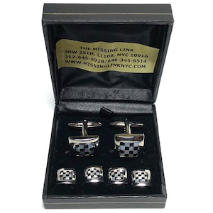 Vintage Art Deco Chrome and Mother Of Pearl with Onyx Tuxedo Stud Set and Matching Cufflinks with Gift Box