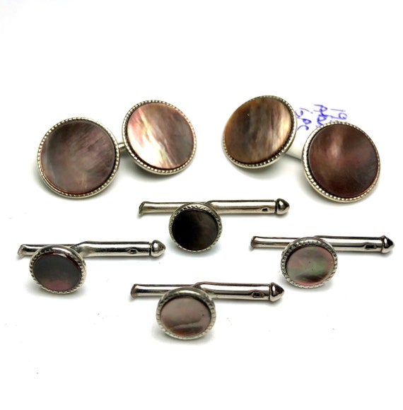 Art Deco Vintage Abalone Tuxedo Stud Set with Matching Cufflinks, Wedding Gifts, Men's Gifts, Formal Gifts