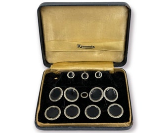 Krementz Art Deco 1930's Gold Filled & Black Enamel 4 Tuxedo Shirt Studs 4 Vest Studs with Matching Double Sided Cufflinks in Original Box