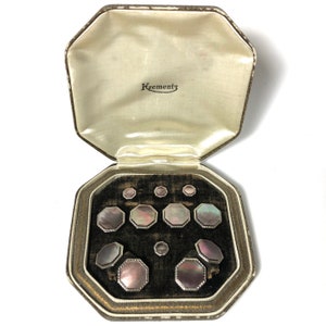 Art Deco Krementz Gold and Abalone with Platinum Inlay Rims Tuxedo Stud Set with Matching Cufflinks & Vest Studs in Original Box