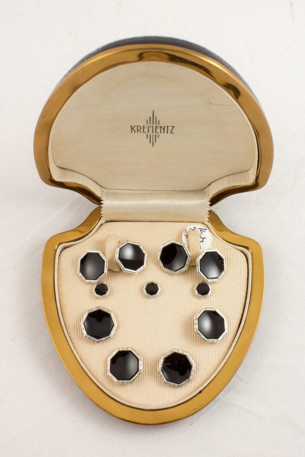 Art Deco Krementz Black Enamel Platinum Inlay Rim Tuxedo 3 Stud