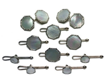 Art Deco 10k Gold and Mother Of Pearl with Platinum Inlay Rims Tuxedo Stud Set with Matching Cufflinks in Gift Box