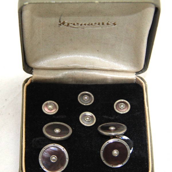 Art Deco Krementz Gold Filled Abalone 4 Stud Set with Matching Cufflinks in Original Box Circa 1930's