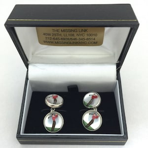 Vintage Reverse Carved Hand Painted Glass Golfer Pair Sterling Silver French Cufflinks with Box