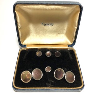 Krementz Art Deco Gold and Abalone with Platinum Inlay Rims Tuxedo Stud Set with Matching Cufflinks in Original Box 1930s