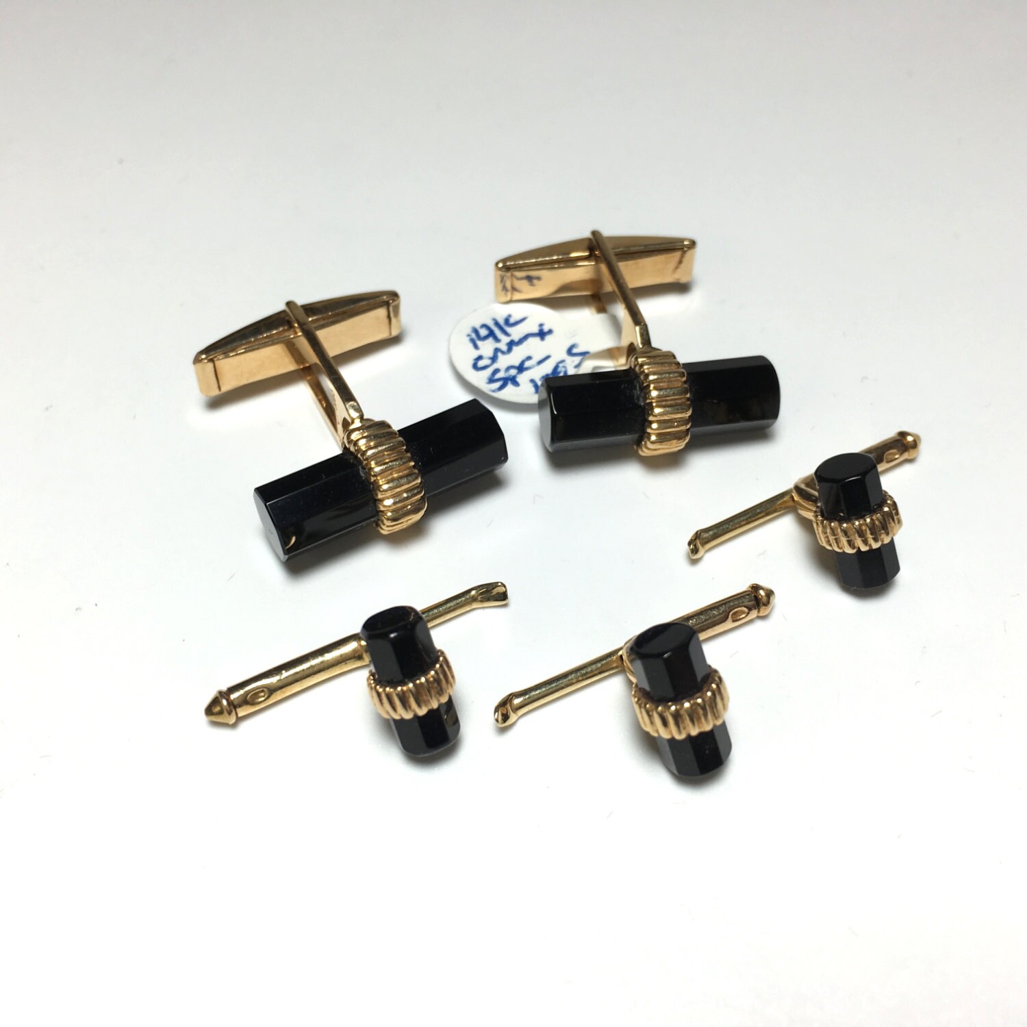 14K and Onyx Log Cufflink and 3 Matching Shirt Studs With 14K and Onyx Log Cufflink and 3 Matching Shirt Studs With