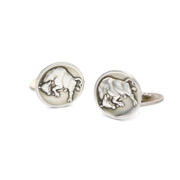 1950's Georg Jensen Denmark Solid .925 Sterling Silver Fighting Bull Cufflinks by Arno Malinowski Weight 16.9g