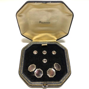 Art Deco Krementz goud en abalone met platina ingelegde velgen Tuxedo Stud Set met bijpassende manchetknopen in originele doos