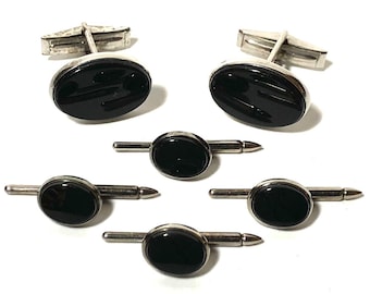 Vintage Art Deco Sterling Silver Overlay and Onyx Stud Set with Matching Cufflinks in Gift Box