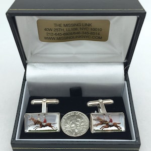 Vintage Reverse Carved Hand Painted Glass Double Jockey Crystal Style Sterling Silver Cufflinks with Box