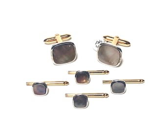 Vintage Art Deco Dolan & Bullock Gold Filled Abalone Stud Set with Matching Cufflink 1940's