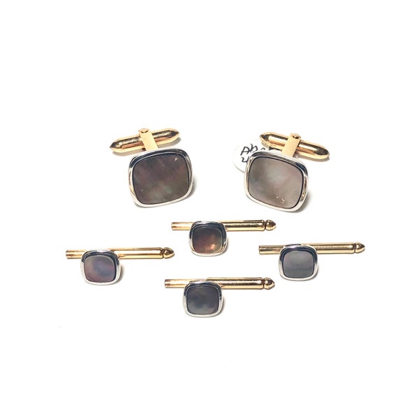 Vintage Art Deco Dolan & Bullock Gold Filled Abalone Stud Set with Matching Cufflink 1940's