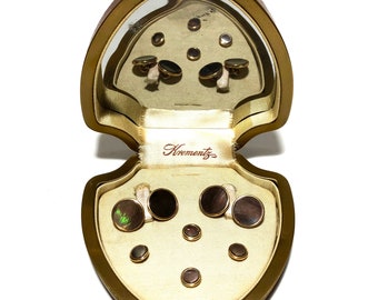 Krementz Art Deco Gold and Abalone Tuxedo Stud Set with Matching Cufflinks in Original Box 1930's