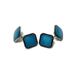 Art Deco Sterling Silver with Blue and Black Guilloche Enamel Double Sided Cufflinks with Gift Box, Men&#39;s Accessories, Weddings, Fathers