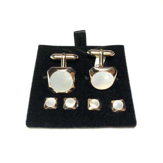 Art Deco Swank Mother of Pearl Tuxedo 4 Stud Set with… Gem