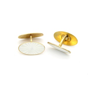 Retro 1940s Norwegian Gold Sterling Silver White Enamel Cufflinks Scandinavian Art Deco Wedding Men Gifts Fathers European Fashion Jewelry