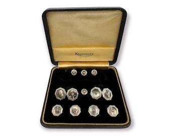 Krementz Art Deco Gold Filled and Abalone with Pearl 4 Tuxedo Shirt Studs 4 Vest Studs with Matching Cufflinks in Original Box