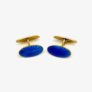 Retro 1940s Norwegian Gold Sterling Silver Blue Enamel Cufflinks Scandinavian Art Deco Wedding Men Gifts Fathers European Fashion Jewelry