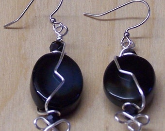 Unique Dark Blue Beads and Silver Wire Earrings