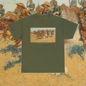 May include: A green t-shirt with a print of a painting depicting a group of cowboys on horseback riding across a grassy plain. The painting is titled "On the Laramie Plains" by Frederic Remington, 1897.
