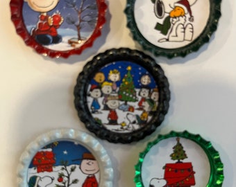 5 Charlie Brown Christmas bottle cap magnets A Charlie Browns Christmas Snoopy peanuts gift stocking mini tree big tree or ornaments