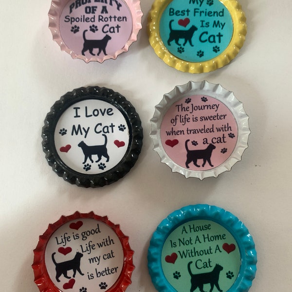 6 cat themed cat love bottle cap magnets stocking stuffer gift fundraiser locker decor