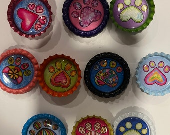 10 Doggie Paws dog paw bottle cap magnets fundraiser cupcake toppers gift