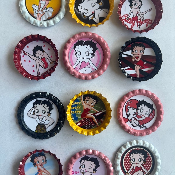12 Betty Boop Multi-color crown and flattened bottle cap magnets refrigerator