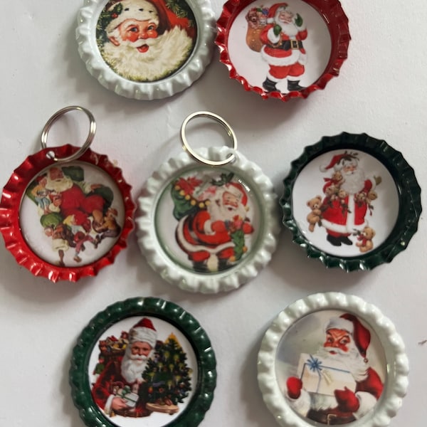 7 vintage Santa bottle cap ornaments retro old style ornament advent calendar stocking stuffer gift