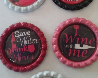 5 Wine themed bottle cap magnets cupcake toppers party favors