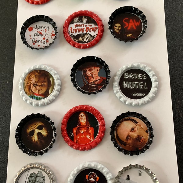 Horror movie bottle cap magnets cupcake toppers Friday the 13th nightmare on elm street bates motel saw Carrie it and more