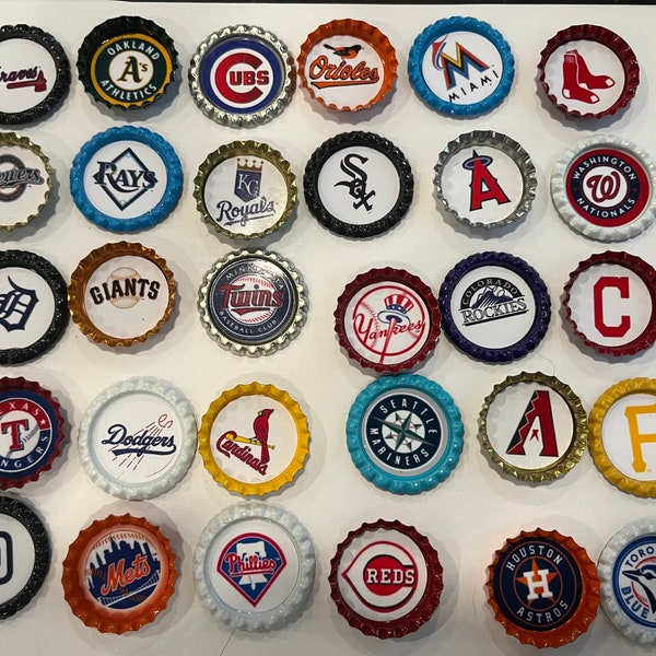 Fantasy baseball All 30 MLB major league baseball teams bottle cap magnets cupcake toppers or for bows
