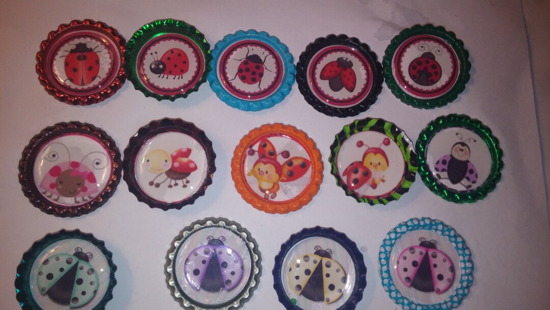 15 Ladybug Multicolor Bottle Cap Refrigerator Kitchen Ladybugs